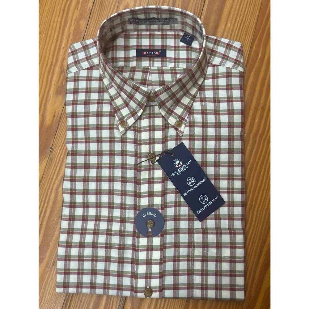 NEW BATTON men's audell non-iron cotton sport shirt in red & white